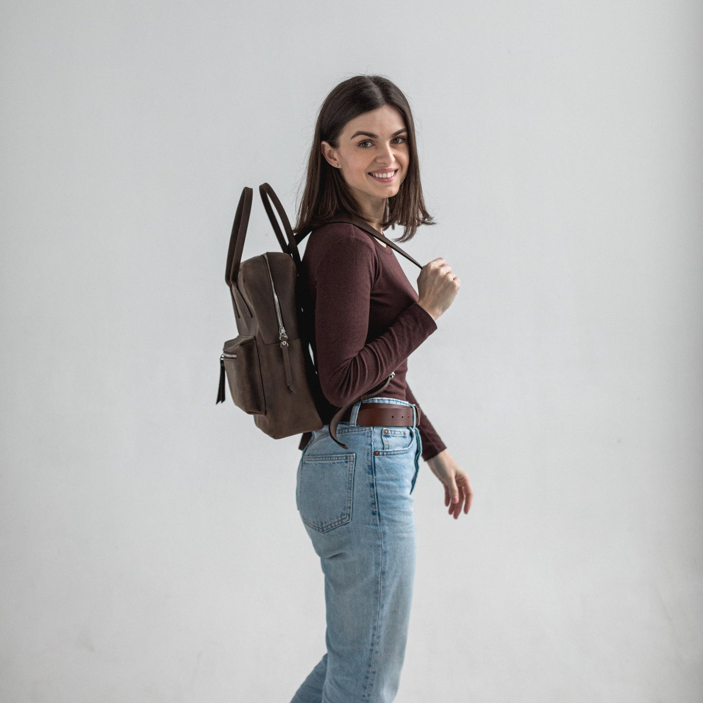 Dark brown leather city backpack