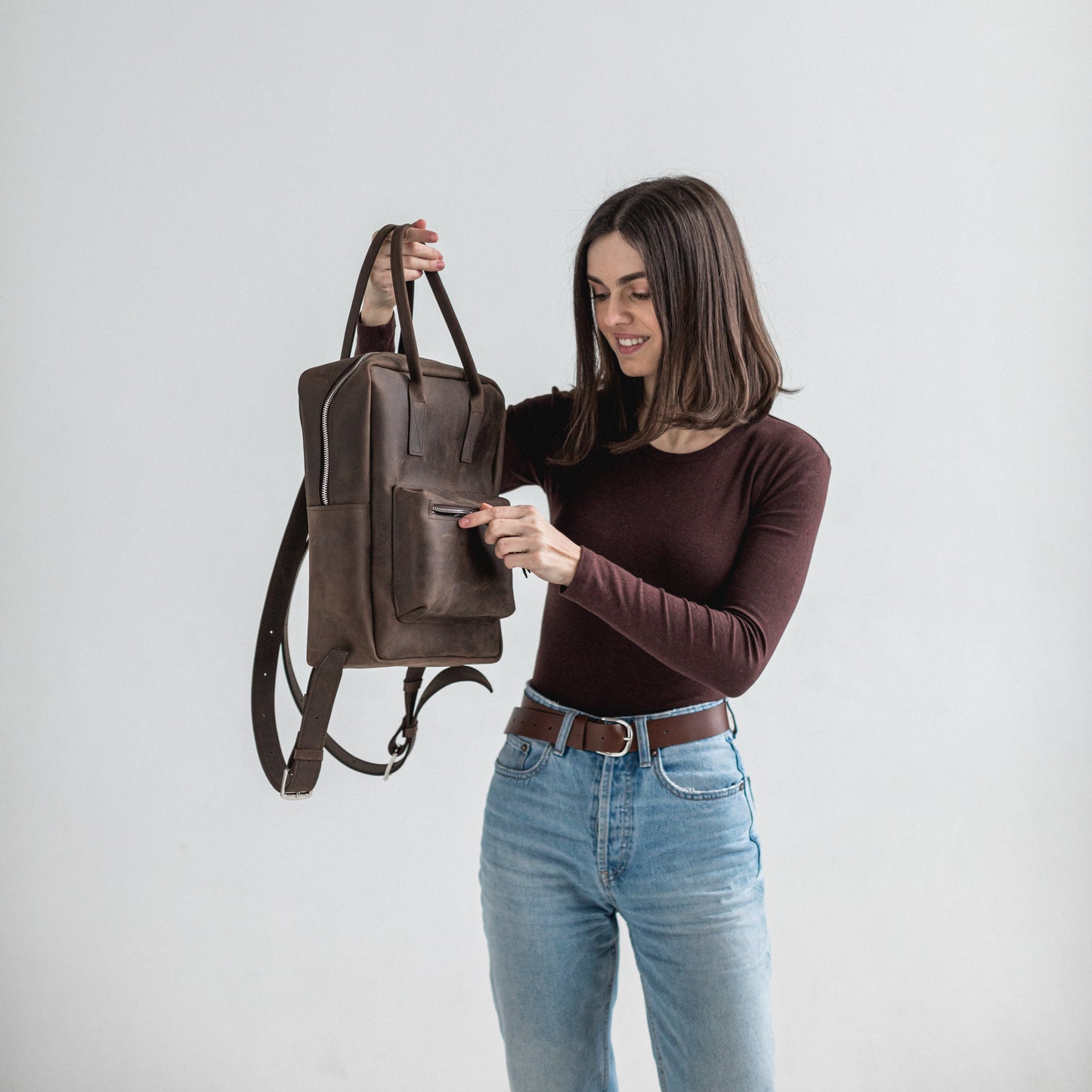 Dark brown leather city backpack