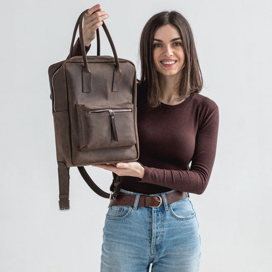 Dark brown leather city backpack
