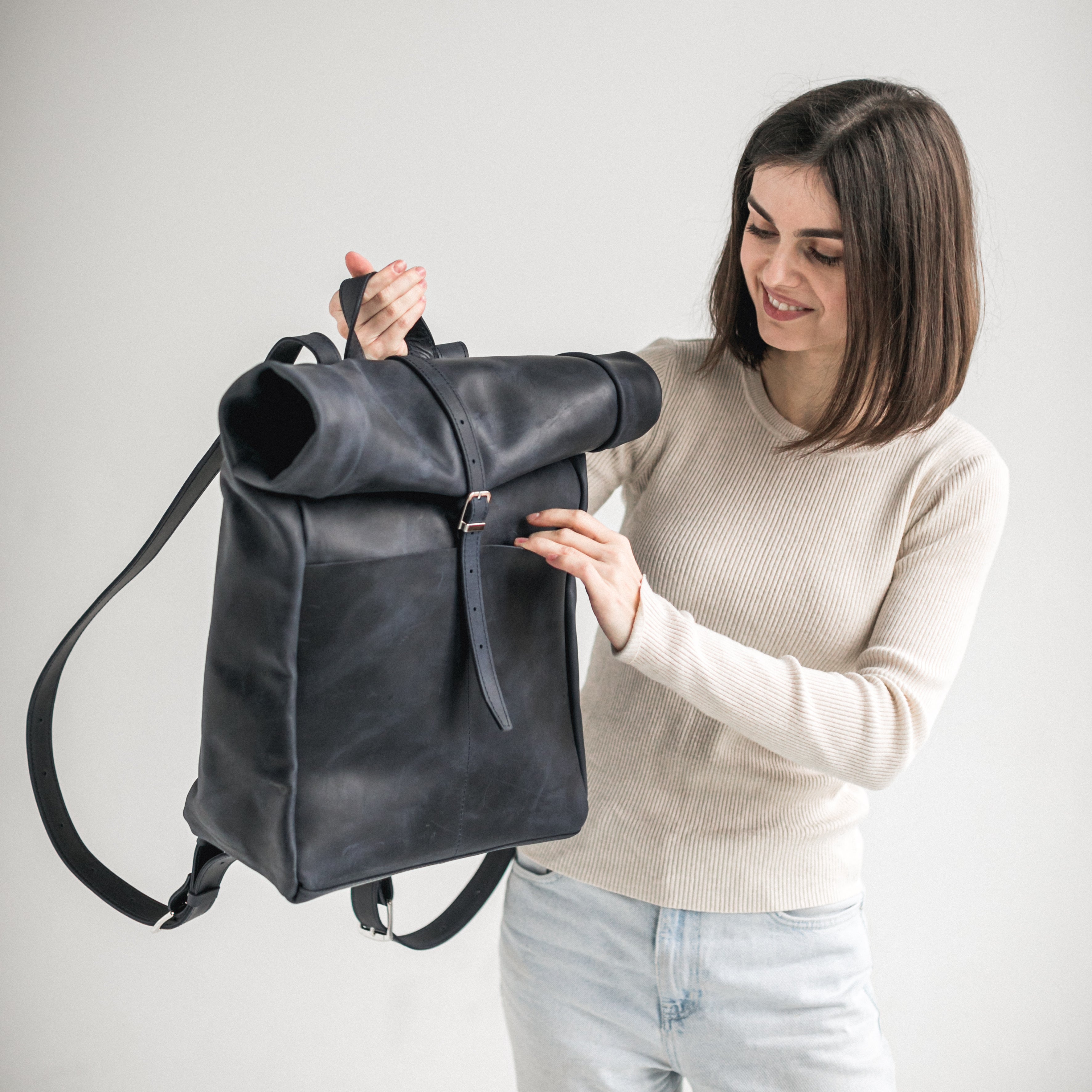 Navy blue leather roll top backpack GreatBrown