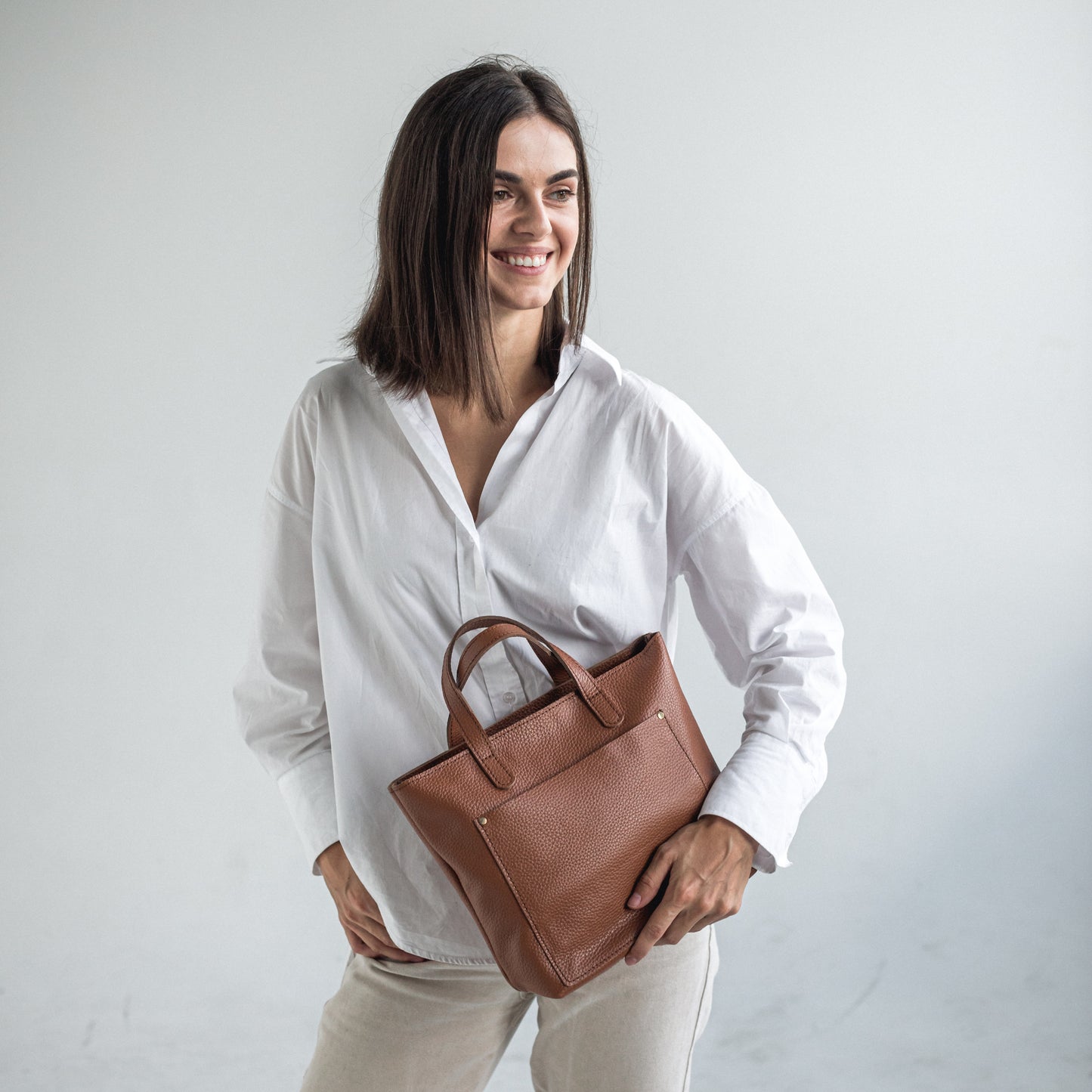 Brown pebbled leather mini tote bag