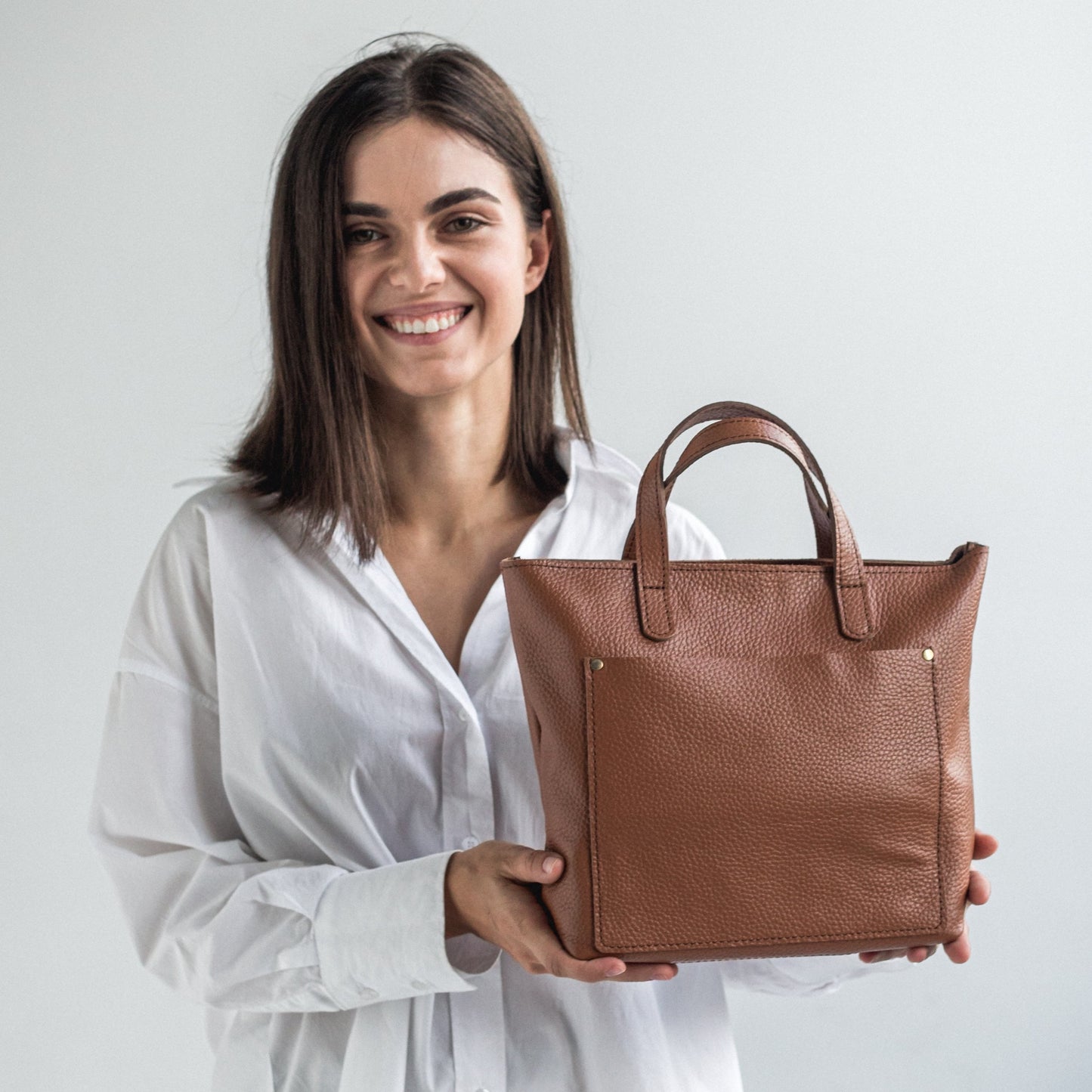 Brown pebbled leather mini tote bag 