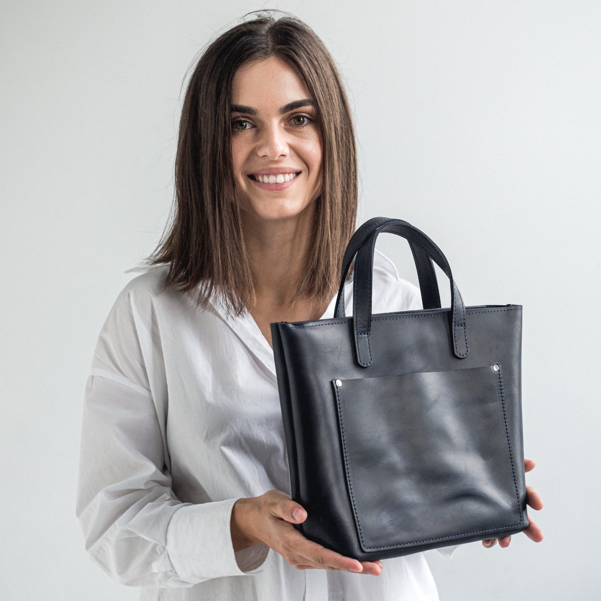 Navy blue leather mini tote bag 