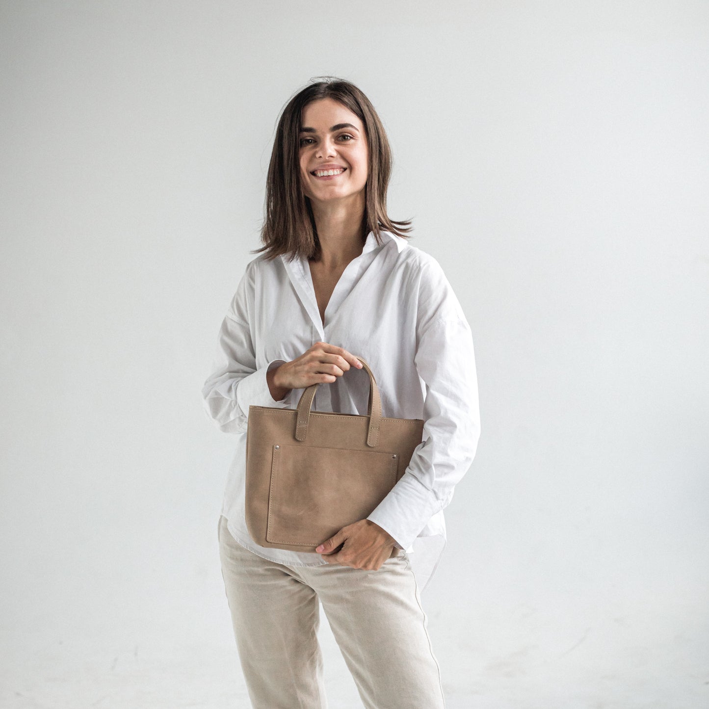 Beige leather mini tote bag