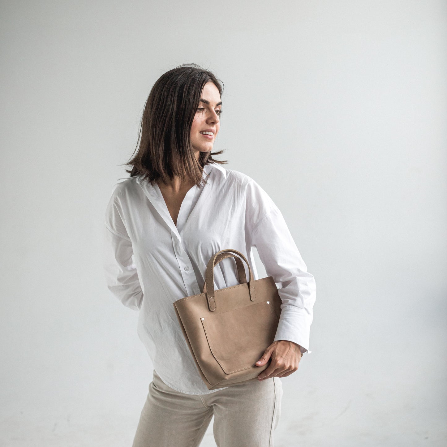 Beige leather mini tote bag