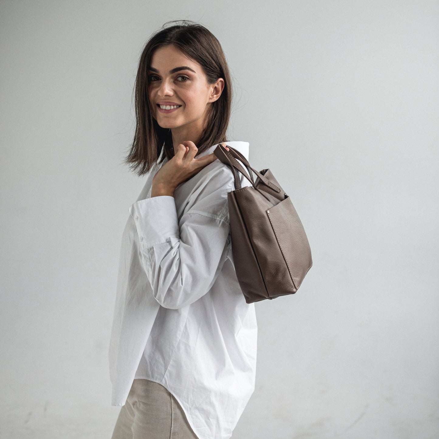 Latte pebbled leather mini tote bag