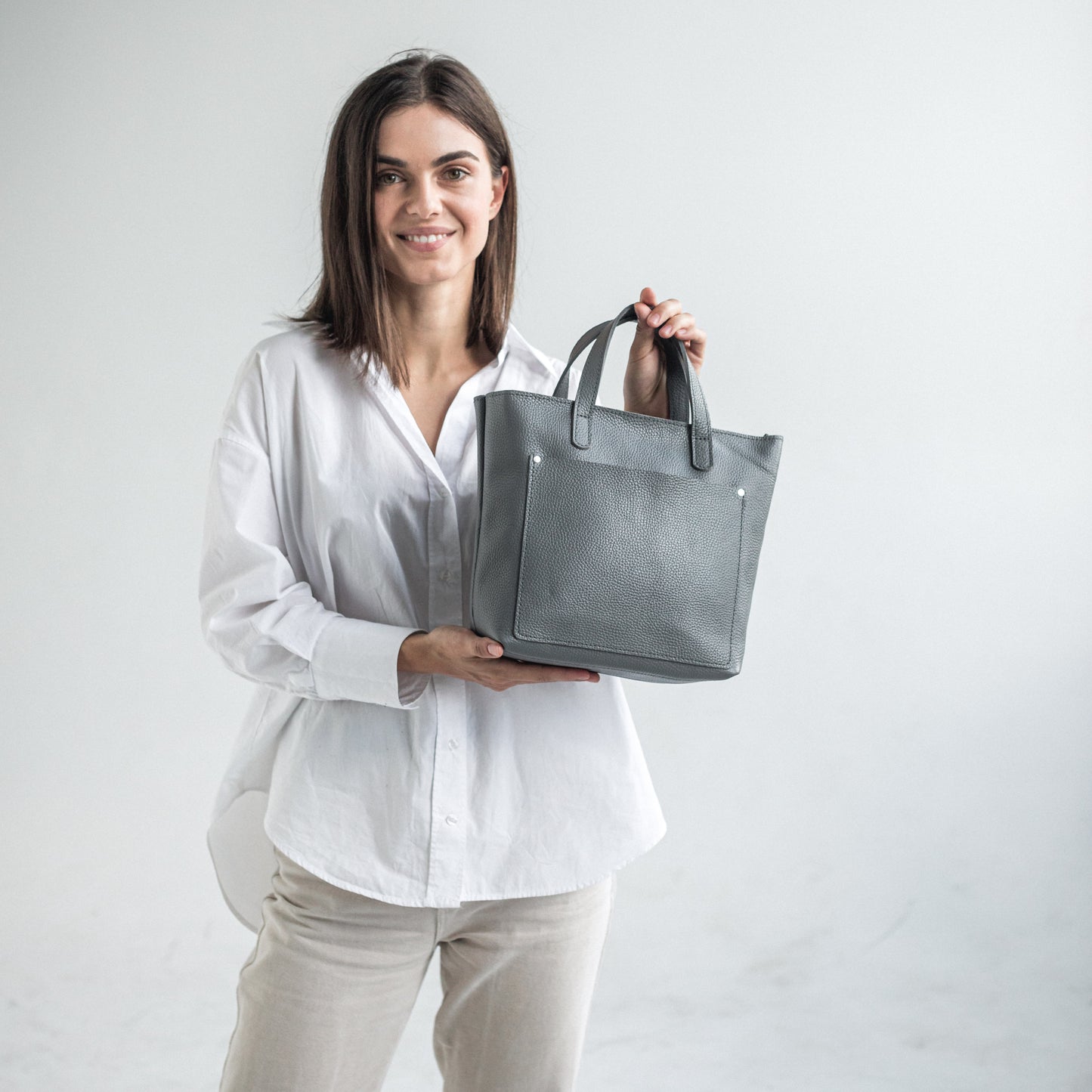 Gray pebbled leather everyday use mini tote bag 