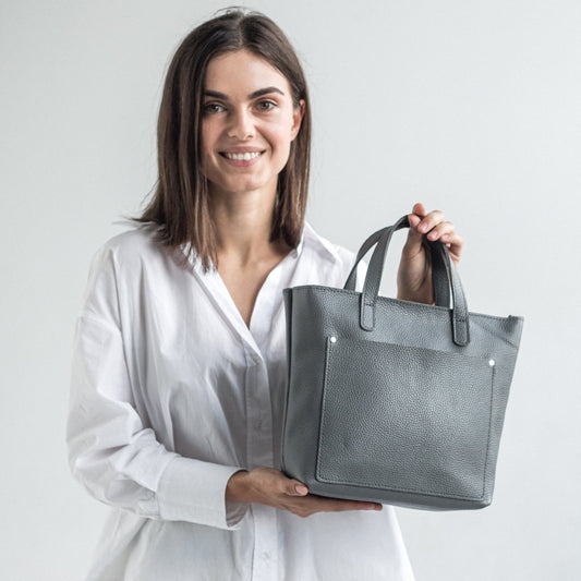Gray pebbled leather mini tote bag for women 