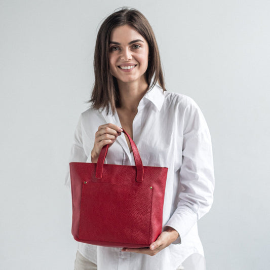 Red pebbled leather mini tote bag 