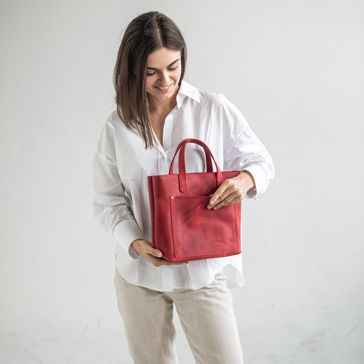 Red leather crossbody tote 