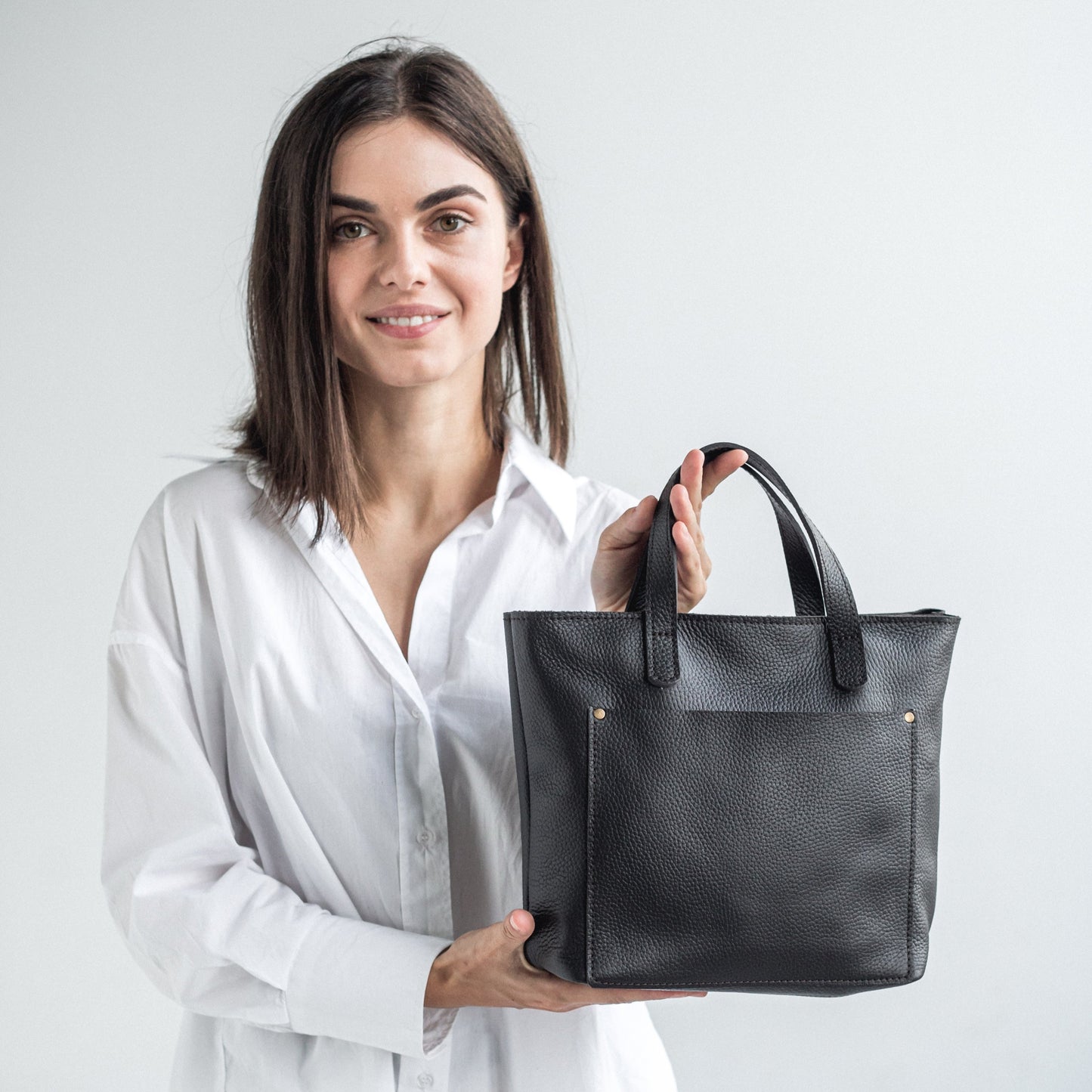 Dark brown pebbled leather mini tote bag 