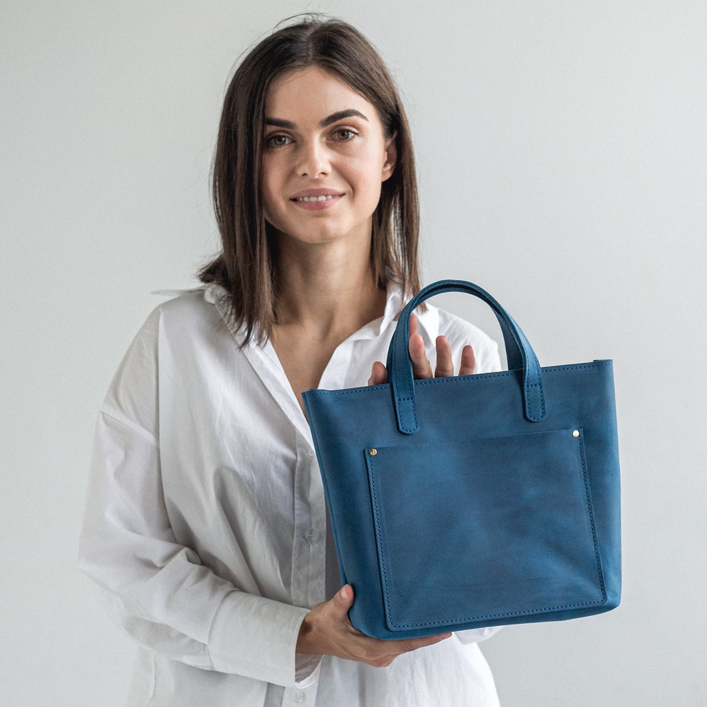 Blue leather mini tote bag 