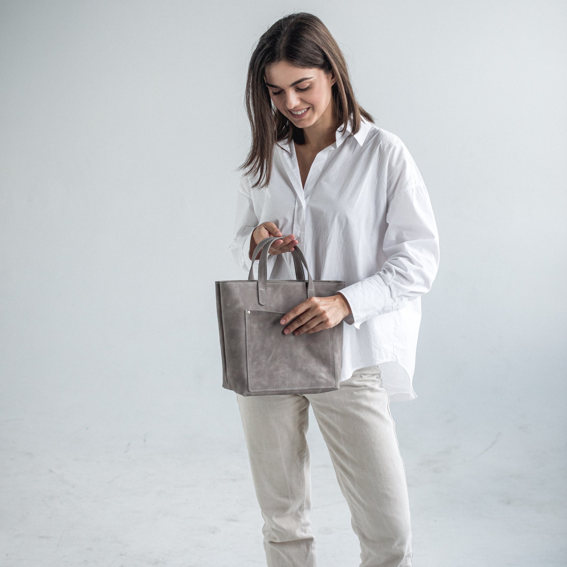 Gray leather mini tote bag 