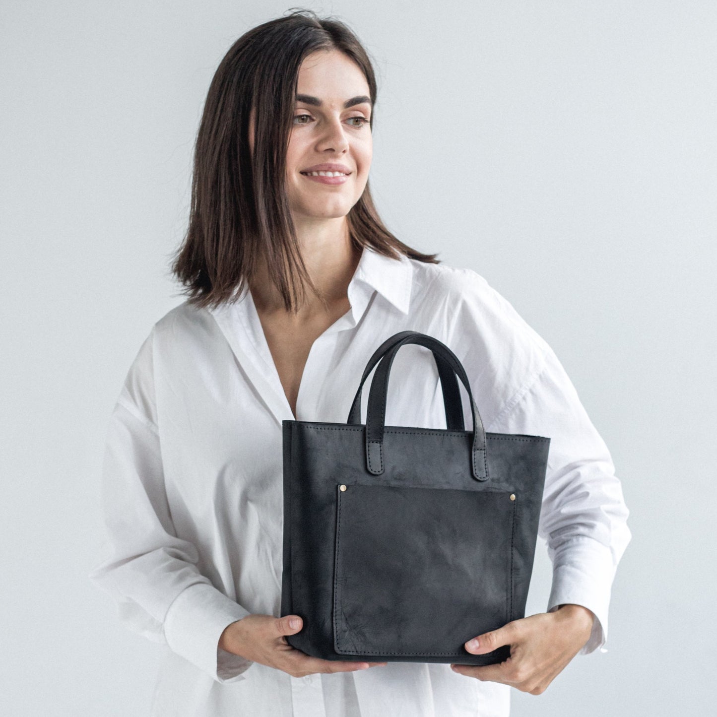 Black leather mini tote bag 