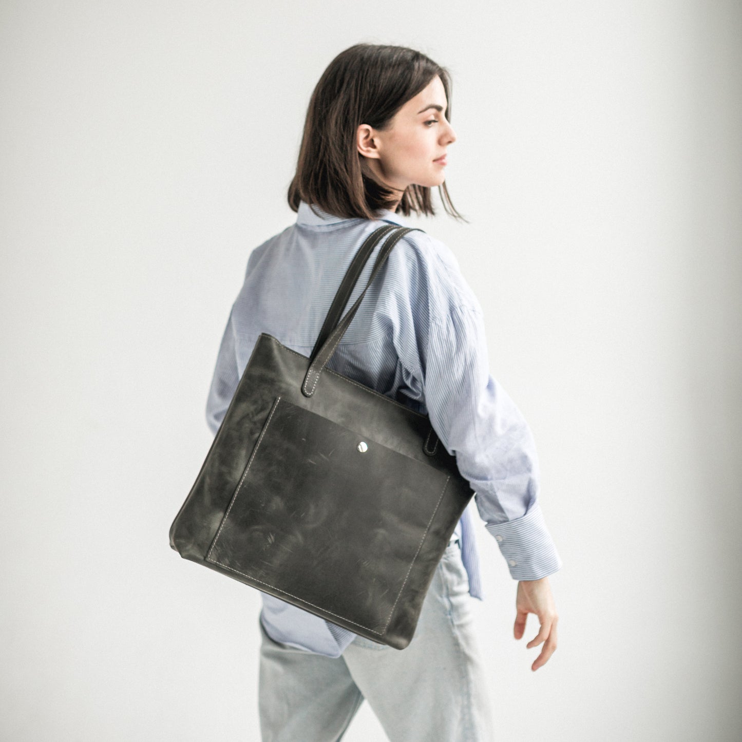 Grey leather tote bag