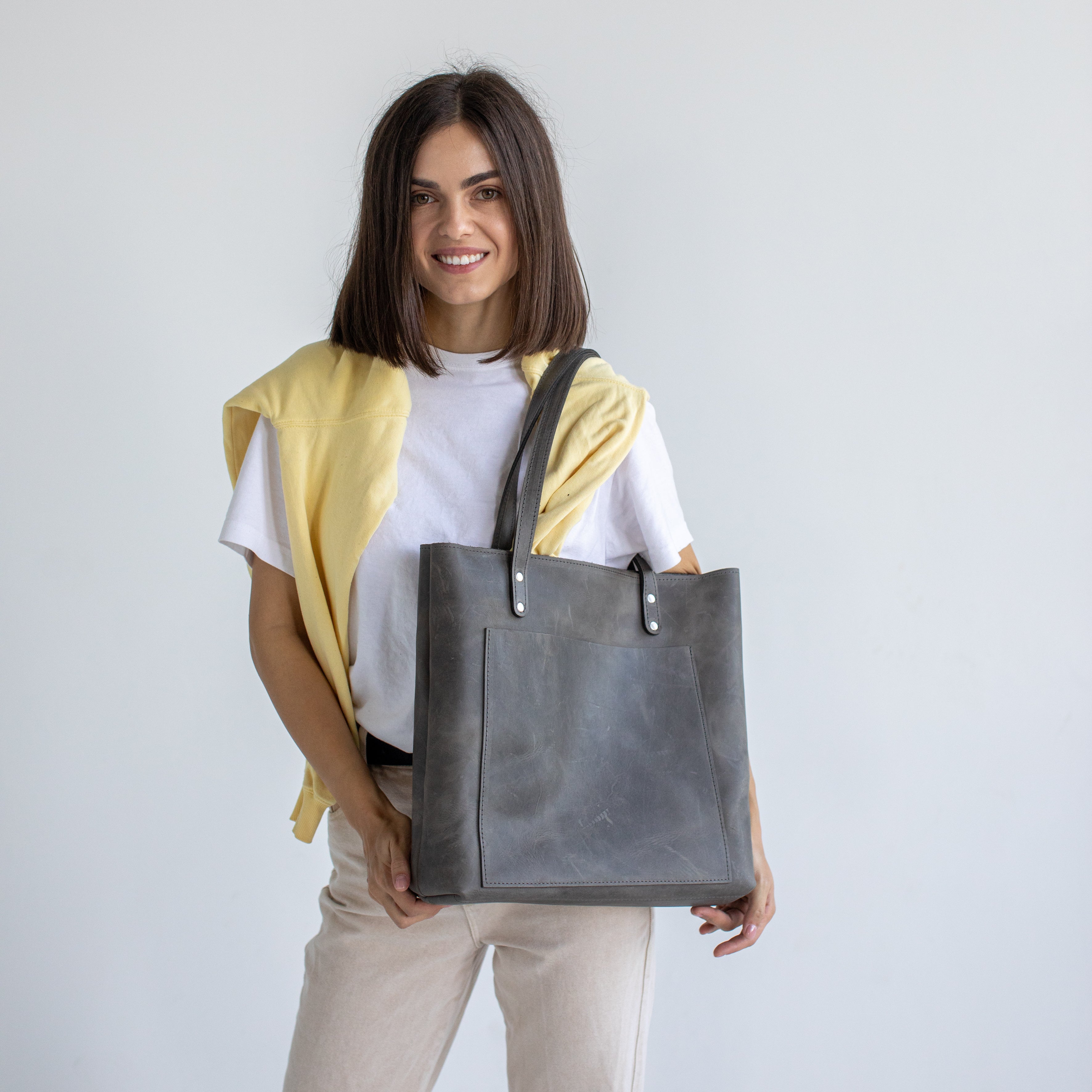 Gray leather tote bag for women with zipper and outside pocket