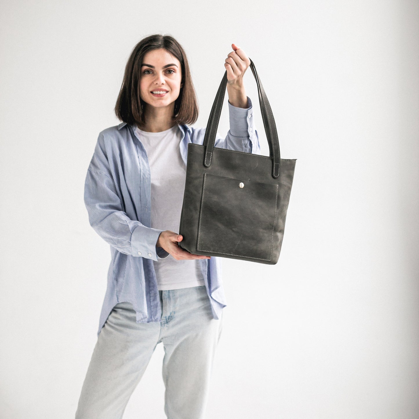 Grey leather tote bag