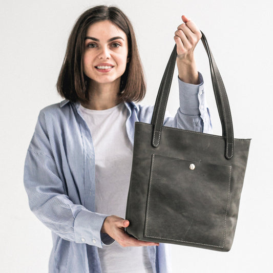 Grey leather tote bag