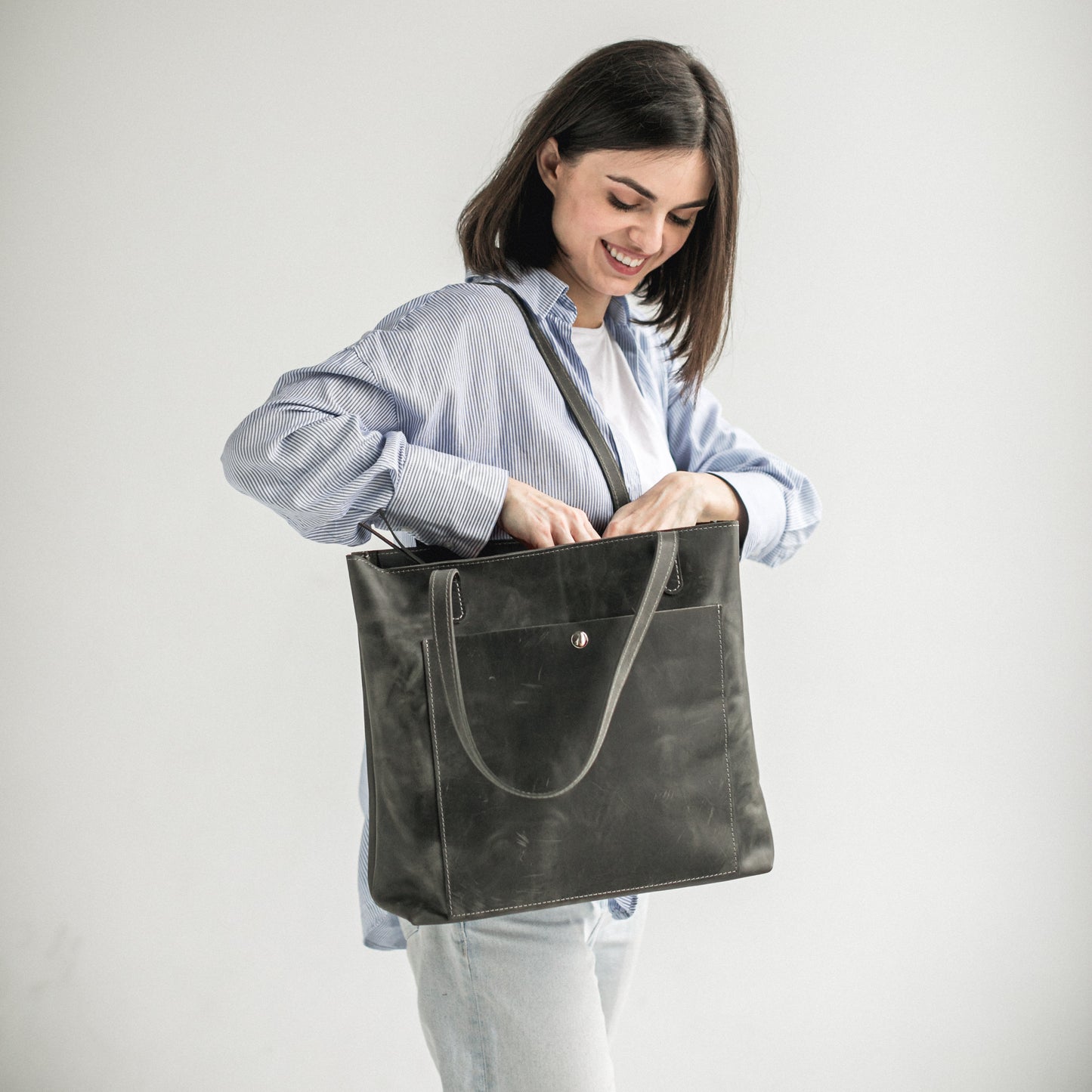 Grey leather tote bag