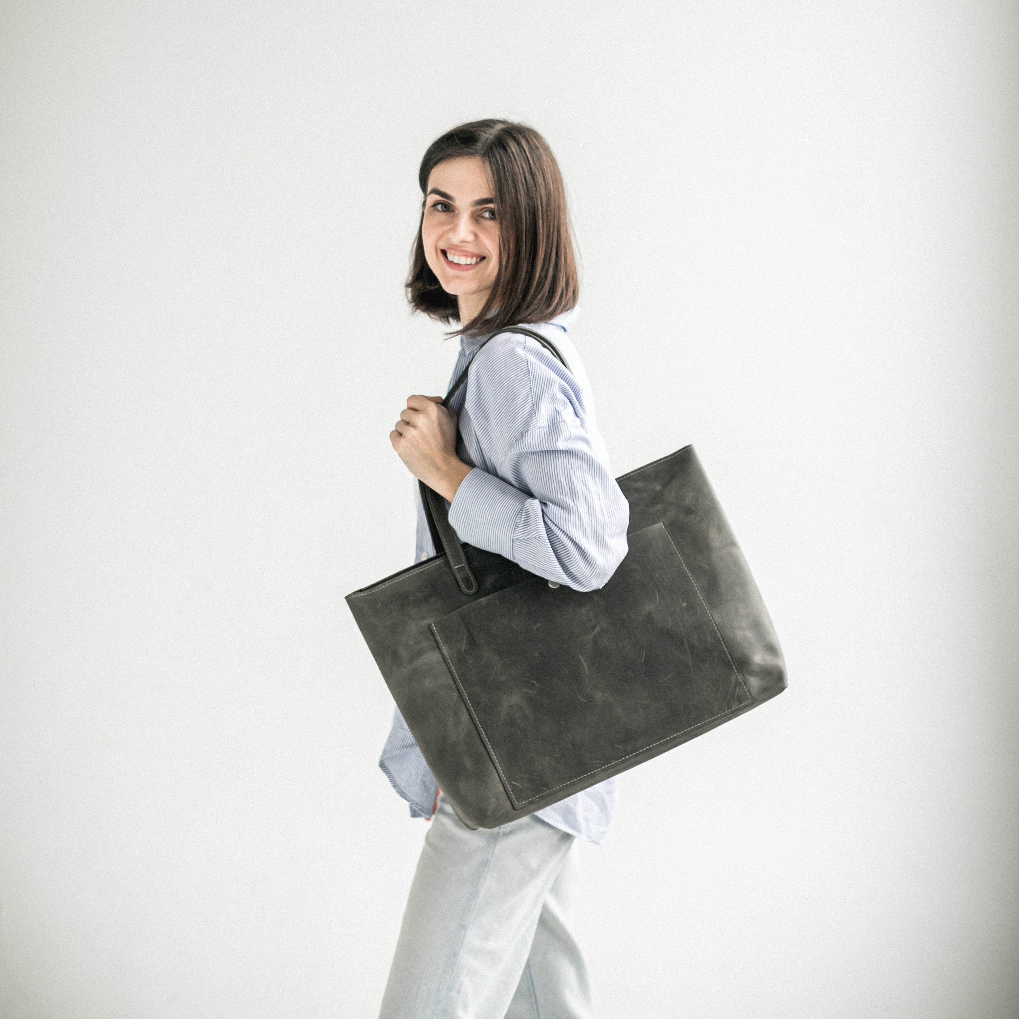 Gray leather tote bag for women with zipper and outside pocket GreatBrown