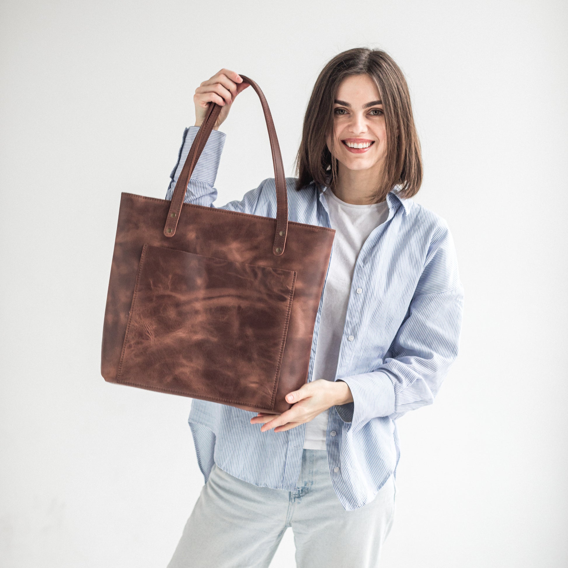 Dark brown leather tote bag 